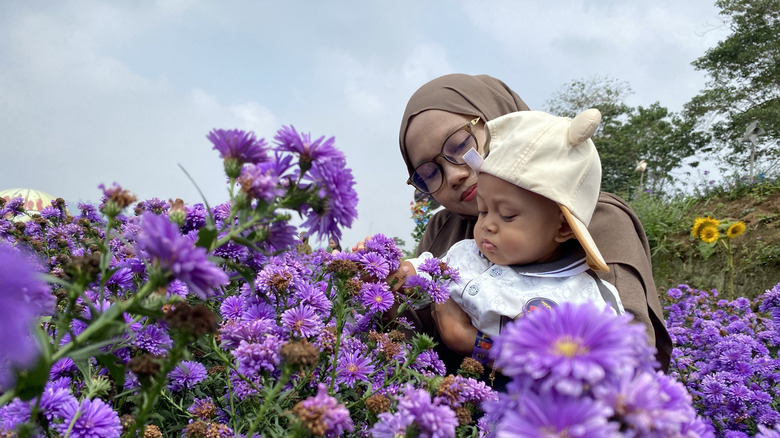 mother and son in a field of aster flowers