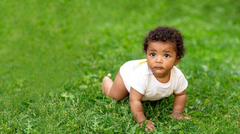 Baby crawling in grass