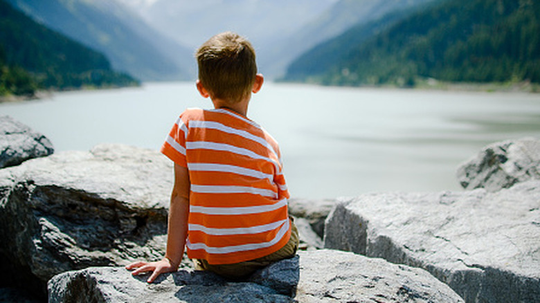 Boy on rocks looking at mountain range