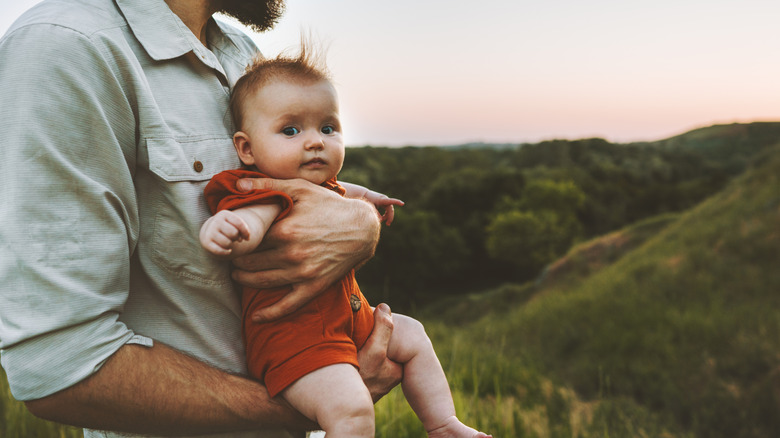 Baby being held by dad in front of scenic vista