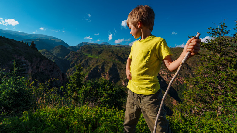 LIttle boy looking at mountain range