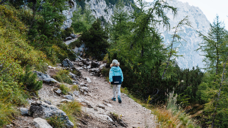Little boy hiking near mountains
