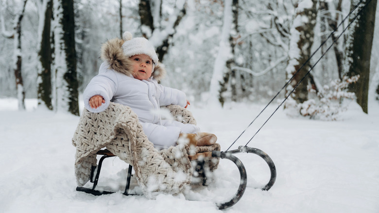 Baby in snowsuit getting pulled in a sled