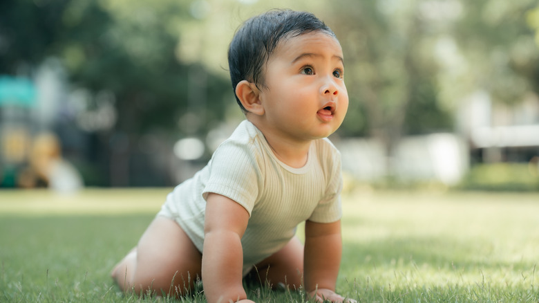 Baby boy crawling outside on grass