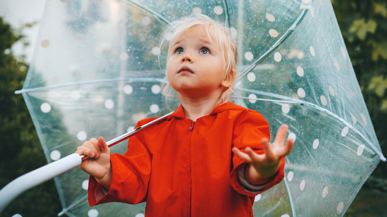 little girl in a bright red raincoat