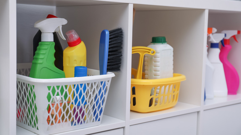 Cleaning supplies organized on a shelf