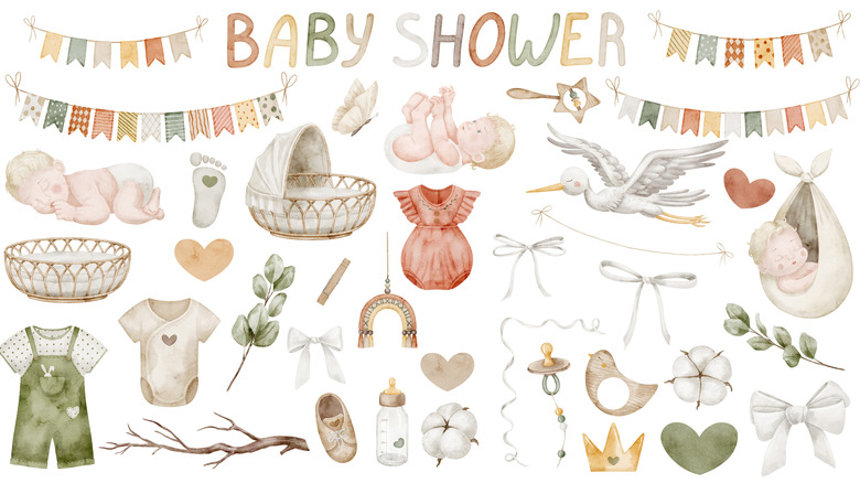 Baby shower invite with baby imagery, rainbow, storks, and bassinets