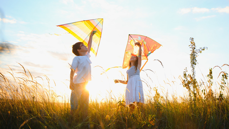 children playing with kites in the wind