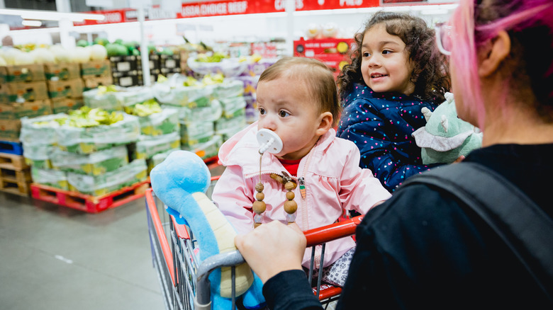 A woman pushes two kids in a cart