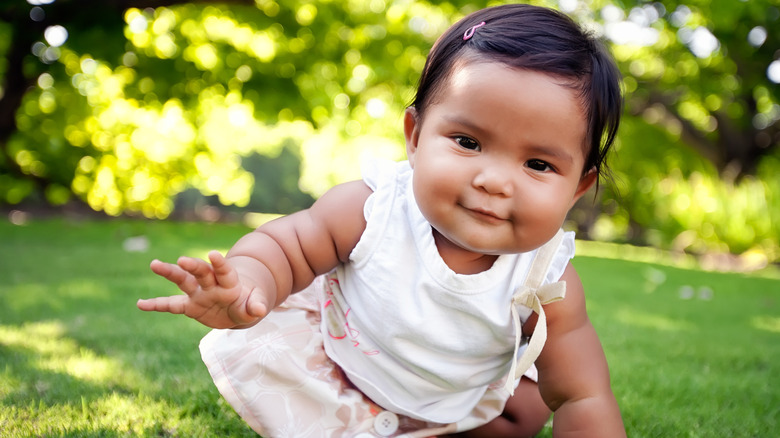 Brown-haired girl crawling on the grass