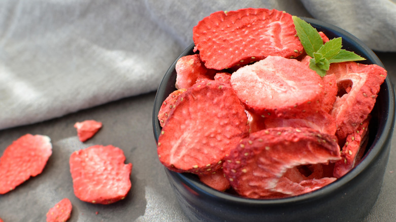 Close up of bowl of freeze-dried strawberries