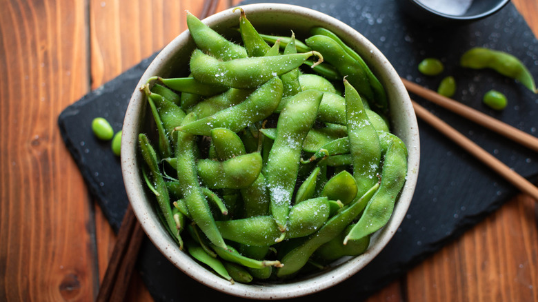 Close up of bowl of edamame