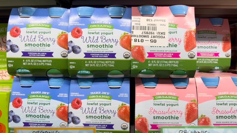 Packages of yogurt smoothie drinks on the shelf