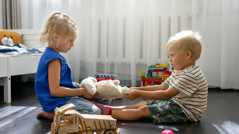 Two children sit facing each other with a toy between them that they appear to be fighting over