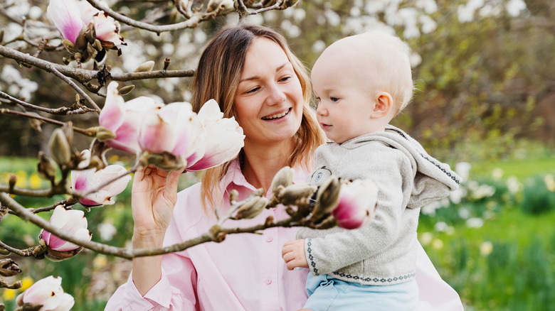 mom with baby boy outside
