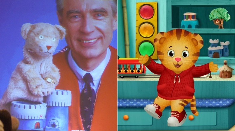 A split image with the original Daniel Striped Tiger and Fred Rogers on the left and the animated Daniel Tiger on the right