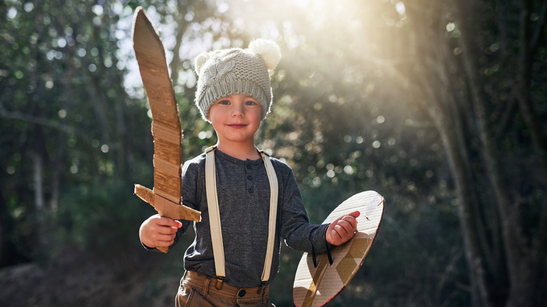 little boy with a makeshift sword and shield