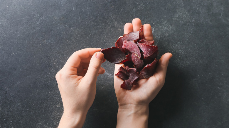 woman's hands holding beef jerky