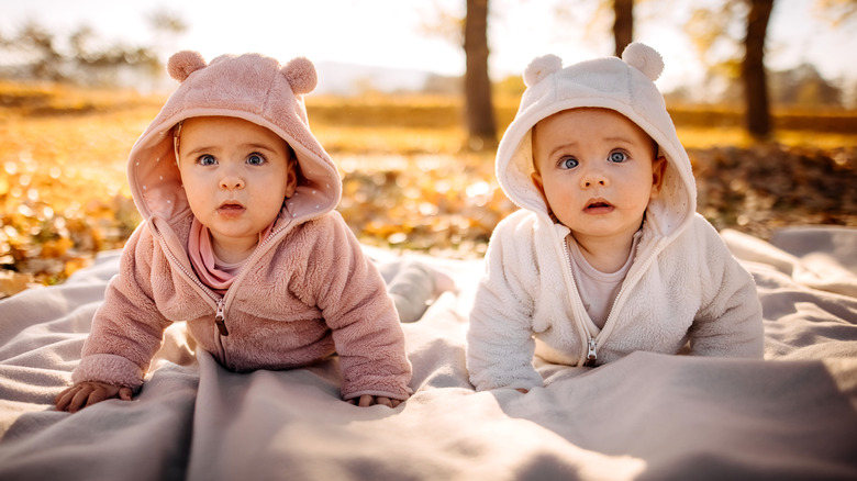 identical twin babies on a blanket outside