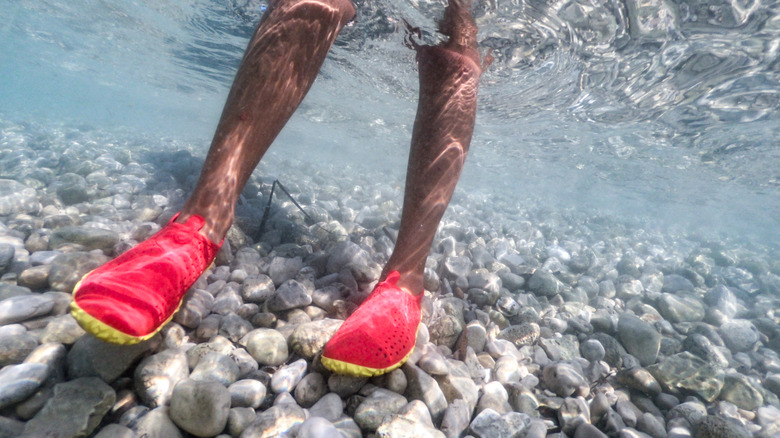 Close up of a person's legs wearing red water shoes submerged in the water and walking on stones