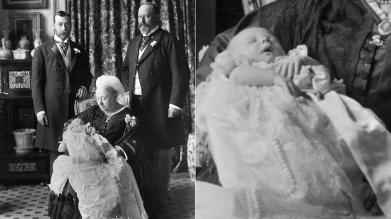King Edward VIII held by Queen Victoria with King George V and King Edward VII looking serious and standing behind