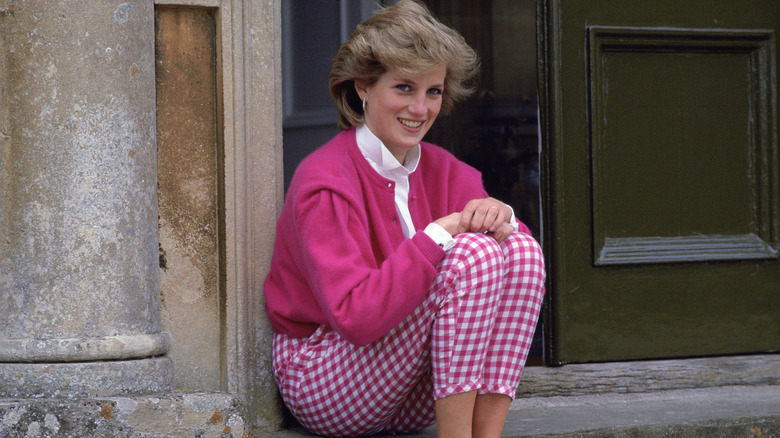 Princess Diana poses on a door stoop in all pink
