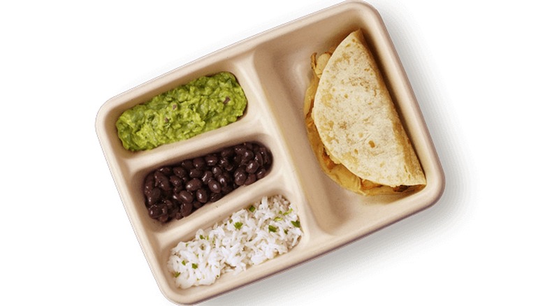 The Chipotle kid's quesadilla meal with guacamole, black beans, and rice on the side