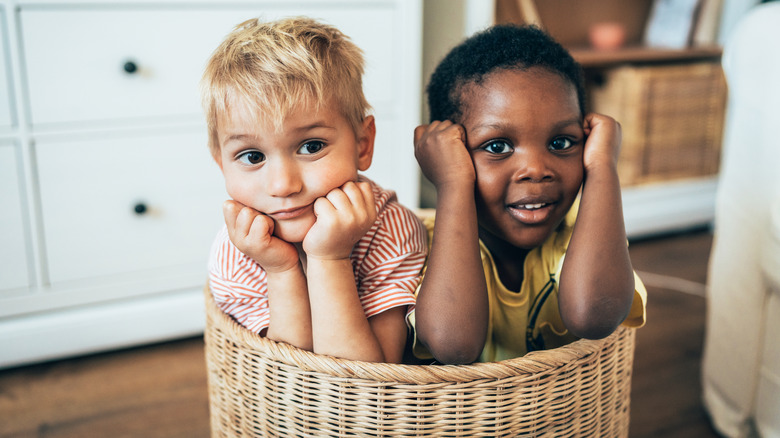 Two young boys sitting in a wicker basket