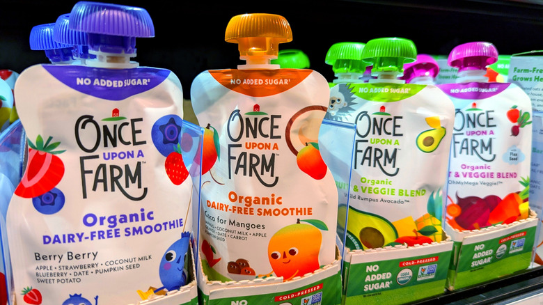 A bunch of baby food pouches on a shelf