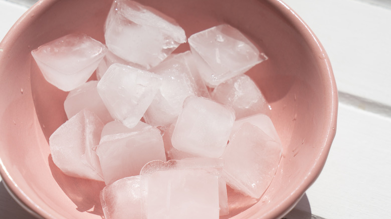 pink bowl of ice on a table