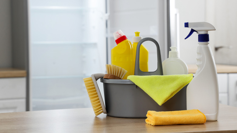 Cleaning caddy filled with supplies