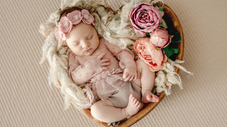 newborn baby in a heart basket